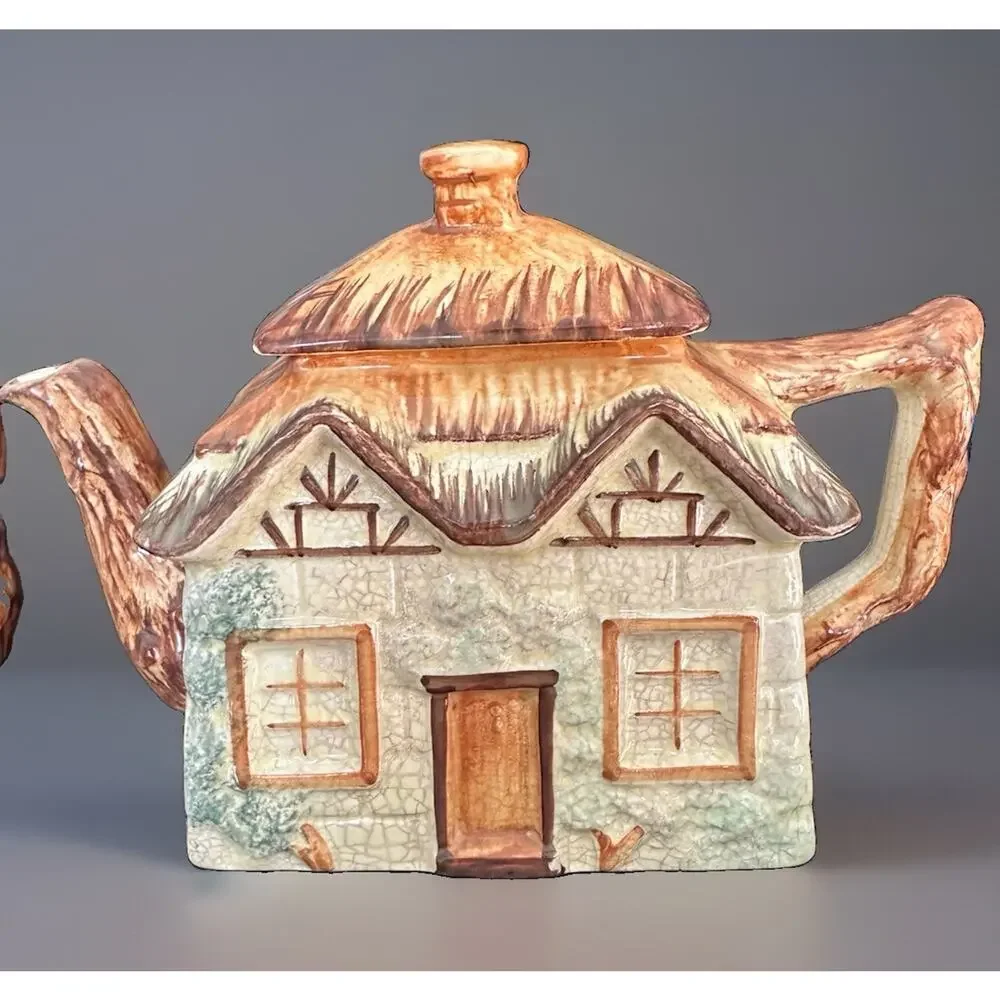 Vintage Keele Street Pottery Thatched English Cottage Garden Teapot Cream Sugar